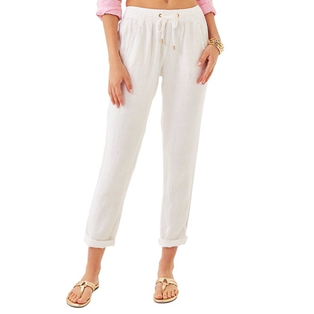Lilly Pulitzer 31" Taron Mid Rise Linen Pants Women XS White Beach Resortwear